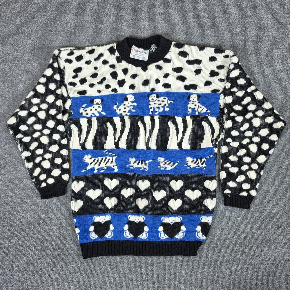 Vintage Custom Design Animal Print Sweater Blue Black Cat/Dog Size Med FLAW